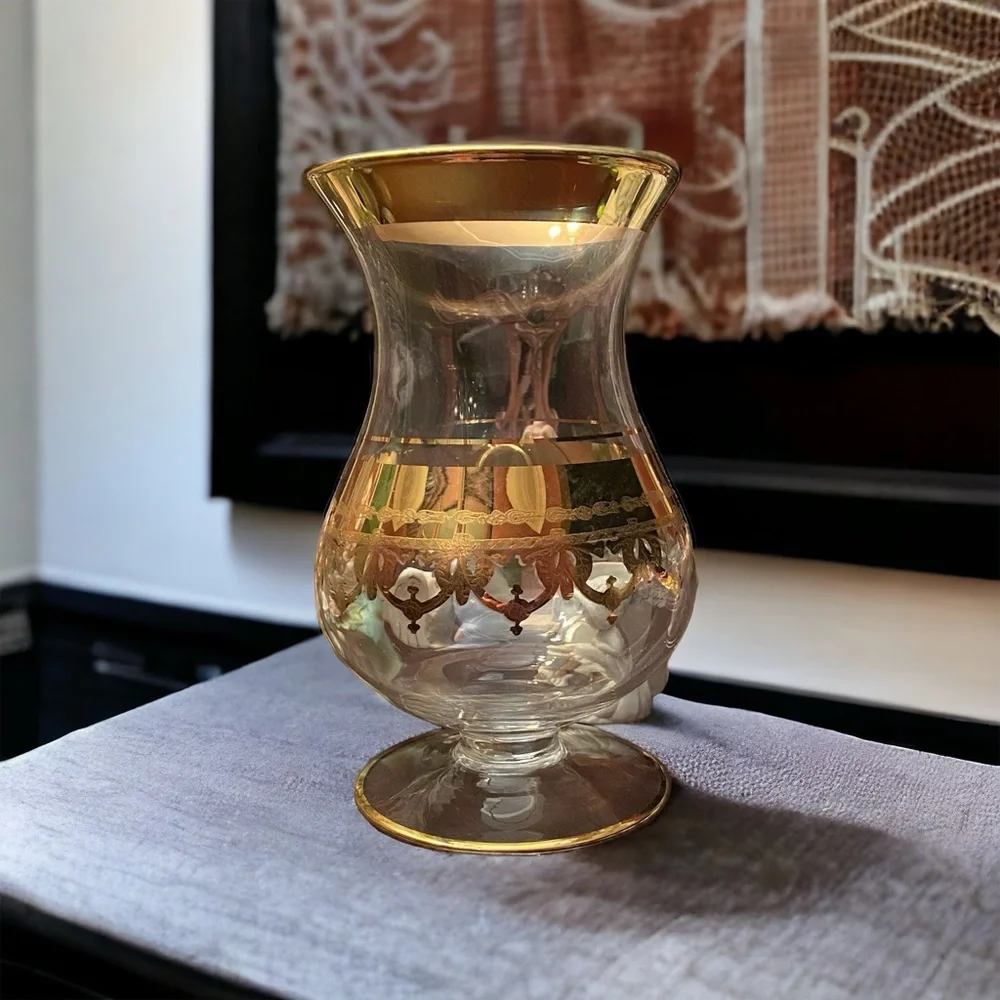 Vintage SC Line Italy 24K Gold Encrusted Crystal Hurricane Vase